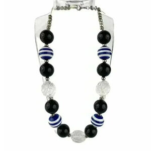 Round Chunky Big Lucite Bead Necklace Blue Black Clear Floral Design Silver Tone